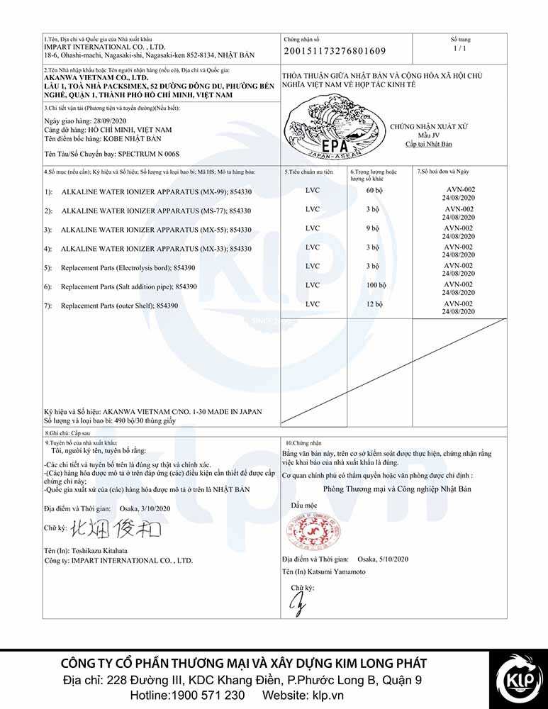 Chứng Nhận - Xuất Xứ Hàng Hóa Impart kimlongphat.vn