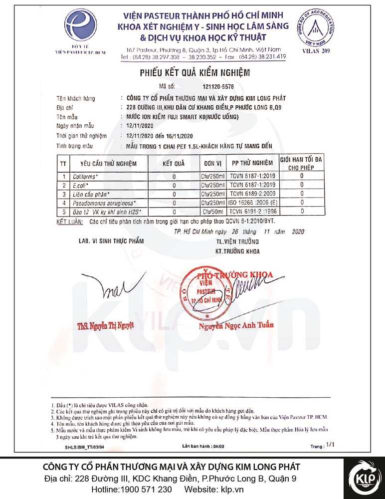 Phiếu kết quả xét nghiệm Y - Sinh học do viện Pasteur cấp cho máy tạo nước ion kiềm Fuji Smart K8